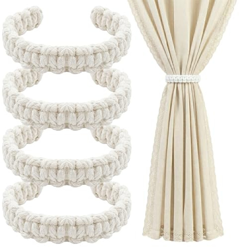 4 Piezas Alzapaños para Cortinas Bohemio Hoja,Alzapaños de Cortina Trenzados,Sujeta Cortinas,Ideal para el salón, el Dormitorio y la Oficina (Blanco)