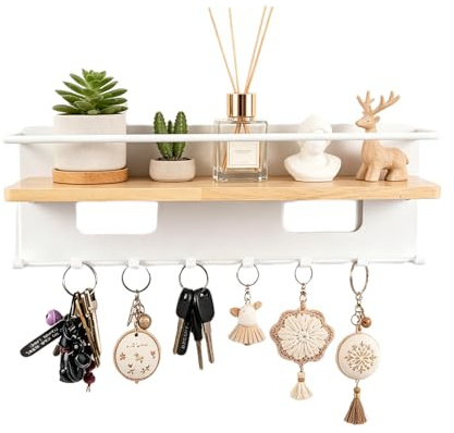 Calenxy Schlüsselbrett mit Ablage aus Holz, Schlüsselablage Wand mit 8 Schlüsselhaken & Magnet, Multifunktionales Schlüsselboard für Wand, Platzsparender Schlüsselhalter für Eingang Flur Wohnzimmer