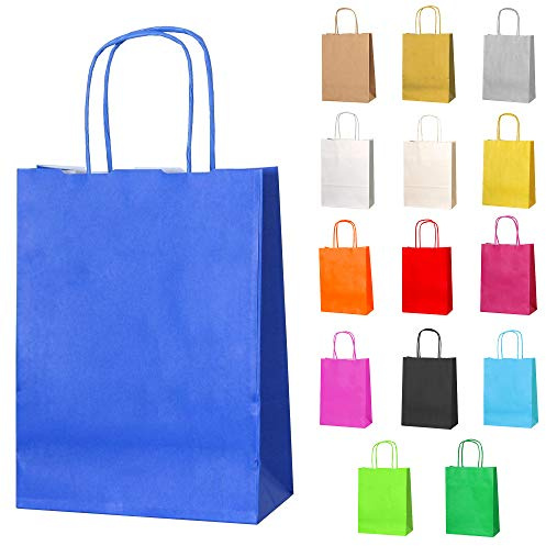 Thepaperbagstore 30 Blaue Kleine Papiertüten mit Henkel 18 x 22 x 8 cm | Farbige, recycelbare Kraftpapiertüten für Süßigkeiten, Geschenke, Hochzeiten, Partys & Events.