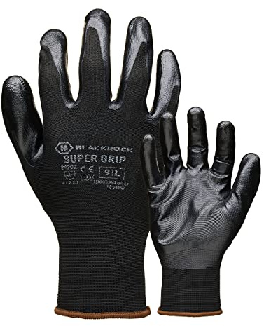 Blackrock Super Grip Work Gloves, Black Nitrile, Men and Women, Roofing | Warehouse, Thin, DIY, Gardening, Outdoor, Safety Work Gloves - Size 11/2XL