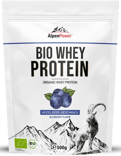 AlpenPower Proteína Whey Orgánico sabor Arándano 500 g - Ingredientes 100% naturales y sin aditivos - Proteína CFM en polvo procedente de la mejor leche alpina ecológica