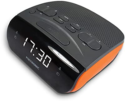 Metronic 477034 - Radio Despertador Digital con Reloj LED Blanco para sobremesa con función Doble Alarma, Sleep/Snooze y sintonizador Radio Am/FM con Memoria para 20 emisoras