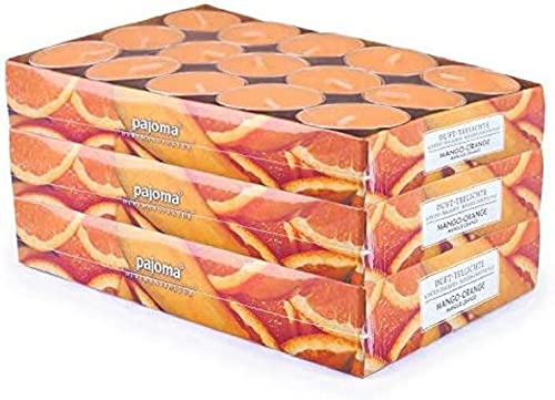 pajoma® Teelichte 3er Pack, Mango-Orange | 90 Duft-Teelichte in Aluminiumhülle, Brenndauer ca. 4 Stunden - Höhe 1,5 cm ø 3,5 cm | Premium Qualität | Deko, Gastronomie, Outdoor, Windgläser, Hochzeit