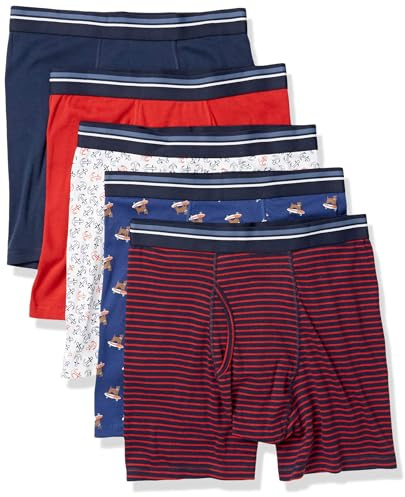 Amazon Essentials Men's Breathable Cotton Boxer Briefs, Tag-Free, Pack of 5, Anchor/Dog Print/Mini Stripe, Medium