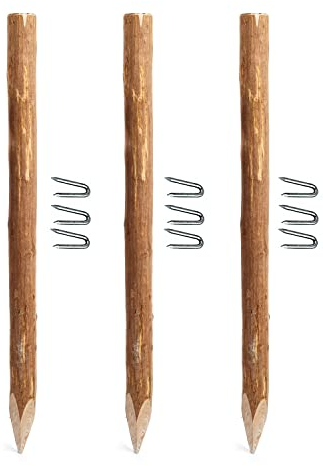 BOGATECO 3 x Haselnuss Staketenzaun Pfosten | Höhe 150 cm | Angespitzte Holz-Pfahl | 3-teiliges Set für einen 500 cm langen Gartenzaun Zaunpfosten Hozpflock Holzzaun Zaunpfähle Holzpfosten rund