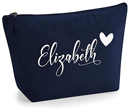 Personalisiert Name Initialen im Herz Design Kosmetiktasche Damen Schminktasche für Handtasche Makeup Tasche mit Texturdruck - Weiße Flocke - M | Marine Blau