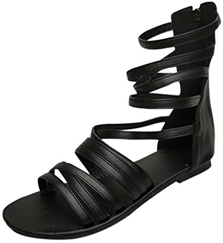 Sandalen Damen Mode Retro Flats Low-Heeled Open Toe Zipper Strandschuhe (39,Schwarz)