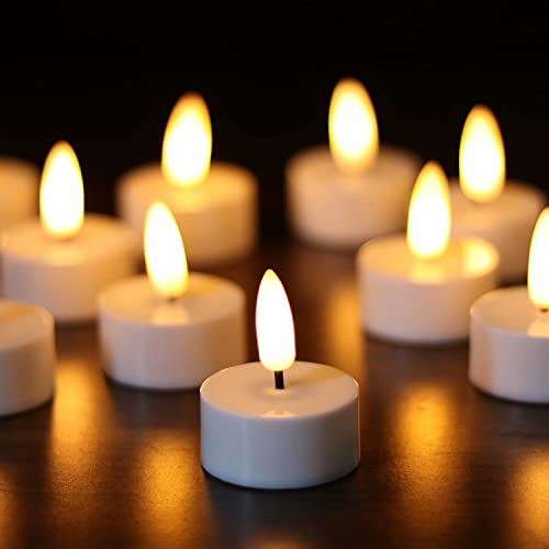Eldnacele LED Teelichter mit Timerfunktion, flackernde Flamme, 12er Set | Elektrische Teelichter, batteriebetrieben, 3D-Docht, Kunststoff, Weiß, inkl. 12 CR2032, Hochzeit, Advent, Weihnachtsdeko