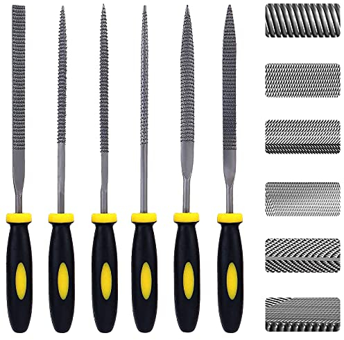 Nadelfeilen-Set, 6-teilig, Mini-Karbonstahlfeilen-Set mit Griff, inklusive flach/flach/flach/halbrund/quadratisch/rund/dreieckig, geeignet für Metall, Holz, Glas, Kunststoff (klein)