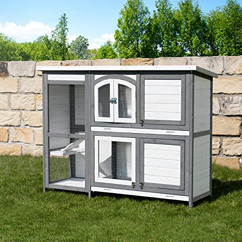 MyAnimal Hasenstall MH-02 | 140x48x108 cm - Kaninchenstall - Hasenkäfig - Kleintierkäfig - Holz imprägniert - Kaninchenkäfig Winterfest - Kleintiergehege - Käfig - Hasenhaus (Grau/Weiß)