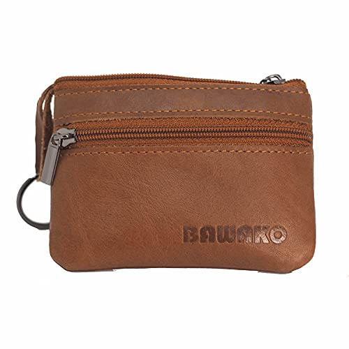 BAWAKO Münzbörse aus echtem Leder, Klein Münzen Geldbörse für Herren und Damen, mit Zwei Fächern, Reißverschluss, Schlüsselanhänger，Mini Coin Purse Wallet, Portemonnaie, S (Hellbraun)