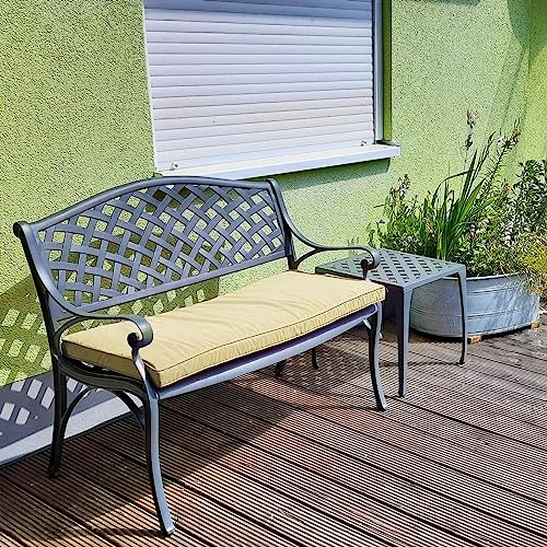 Lazy Susan Jasmine Metall Gartenbank 2-Sitzer | Wetterfeste Gartenbank | Gusseisen-Aluminium | Rostfrei | 3 Jahre Garantie (Schiefergrau, Beige Kissen)