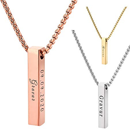Stabanhänger mit Kette und personalisierter Gravur, Namen und Datum / Namenskette personalisiert mit Wunschgravur in Silber / Gold / Rosegold für Damen Frauen Herren / Halskette als personalisierte Geschenke