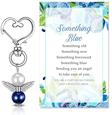 Herdear 2 Stück Something Blue Braut Engel Anhänger Blaue Perlen Schutzengel Schlüsselanhänger Braut Charme Hochzeit Party Schlüsselring Geschenk Karte Gastgeschenke für Hochzeit Feier Kommunion