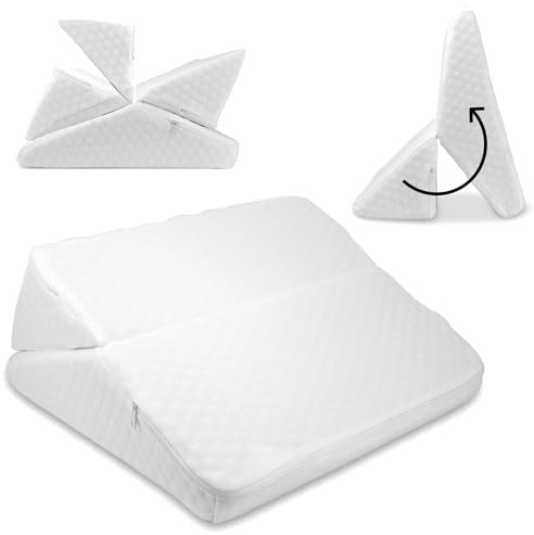 Fishtec Cojín 4 en 1 Ajustable para el Alivio del Dolor - Soporte para la Espalda, Elevador de Piernas y Cabeza, Reposa Rodillas, Ronquidos, Asa de Transporte, Espuma de Alta Resistencia - Blanco