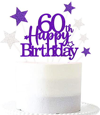 Pargleev Purple Silver 60th Birthday Cake Topper with Glittery Stars | 7-piece Purple Silver 60th set: 1 glittery 'Happy Birthday' topper + 6 star cupcake toppers; just place on the cake