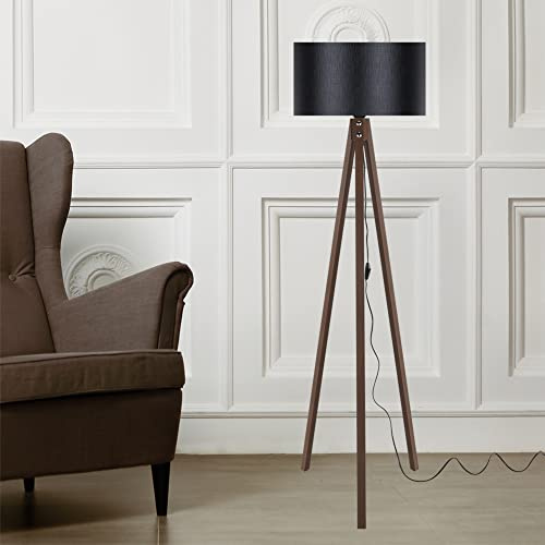 lux.pro Stehlampe Rochester 1 x E27 Stehleuchte für Wohnzimmer Dreibein Holz Standleuchte Walnuss-Optik Schwarz