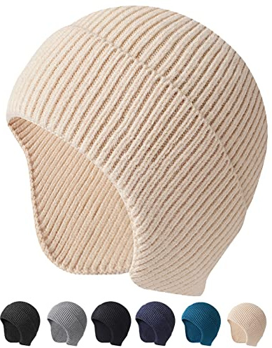 Arcweg Stickad mössa hattar vinter män kvinnor varm stickad öronlapp hatt stretchig vindtät stickad skalle keps för vinter utomhus, BEIgE, one size
