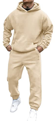 shownicer Survêtement Homme Ensemble Jogging Sweats À Capuche Et Sport Pantalons Automne Hiver Couleur Unie Gym Jogging Sportswear Tenue De Couple A Beige L