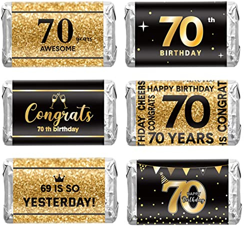 Tenare 180 Pcs 70th Birthday Stickers Black and Gold Cheers to 70 Years Candy Bar Wrappers Happy 70th Birthday Party Favor Labels for Adults Anniversary Party Candy Chocolate Supplies