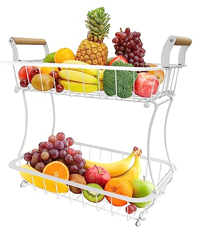 TINMIX Cesta de frutas de 2 niveles, estante para verduras, encimera, frutero, estante de metal, accesorios de cocina, cesta de almacenamiento, soporte para frutas (blanco)