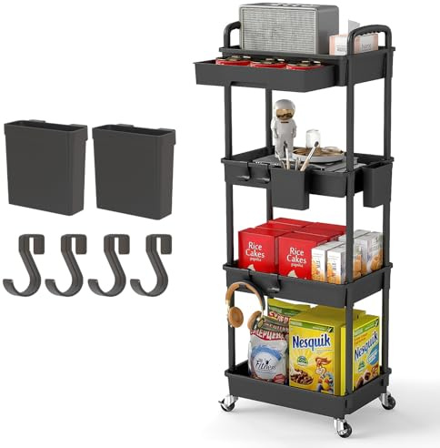 4 Tier Rolling Utility Cart with Drawer,REBECAT Utility Cart Made of Multifunctional Storage Organizer Tool for Kitchen,Bathroom,Living Room,Office(Black)