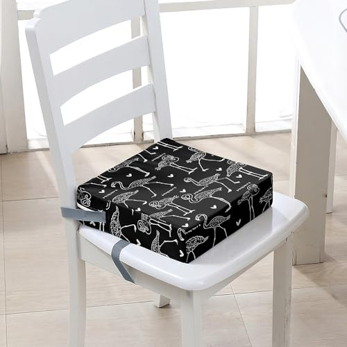 FANSU Kinder Sitzkissen Sitzerhöhung Stuhl, Karikatur Flamingo Druck Baby Kind Sitzkissen Quadrat Zerlegbar Kleinkinder Esszimmerstuhl ErhöHen Pad Esszimmer Boostersitze (32x32x8cm,Schwarz)