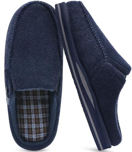 ONCAI Zapatillas de Casa Hombre Rayas Confort Mezcla de algodón Fieltro Pantuflas con Felpa Espuma de Memoria Soporte del Arco Antideslizante Suela Azul Talla 44
