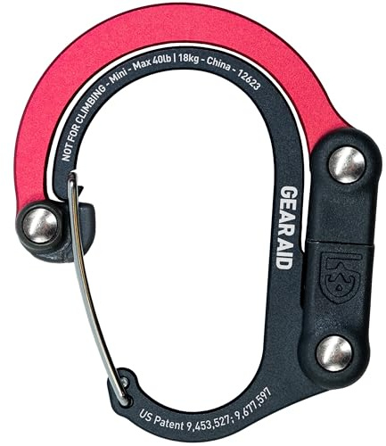 Gear AID HEROCLIP (Mini) Karabiner und Haken zur Befestigung von Taschen, Geldbörsen, Laternen, Kinderwagen, Werkzeugen, Helmen, Wasserflaschen und vielem mehr - Schwarz & Rot | 360 Grad rotierend, hält bis zu 18kg, EDC Ausrüstung für Rucksack, Koffer & Handtasche, Reise & Outdoor