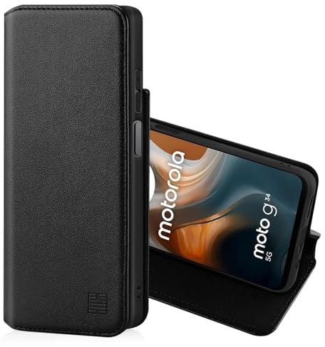 32nd Classic Series 2.0 - Real Leather Book Wallet Flip Case Cover For Motorola Moto G34, With RFID Blocking Card Slot, Magnetic Closure and Built In Stand - Black