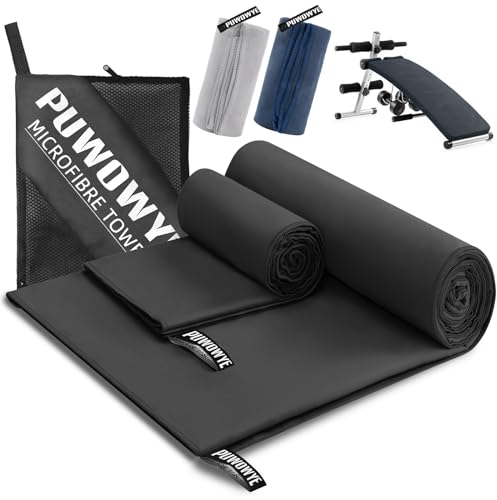PUWOWYE Toalla Microfibra Set de 2, Toalla de Baño Grande 160x80 cm + Toalla Pequeña 80x40 cm, Toalla Playa Grande de Natacion, Toallas microfibras para el Gym, Viaje y Piscina, Negro