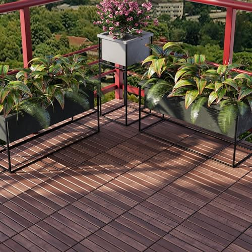 casa.pro Terrassenfliesen Alliste 10er Set Holzfliesen für Balkon 6 Lamellen 0,9 m² Outdoor Bodenbelag für Garten Klickfliesen wetterfest Bodenplatten Braun