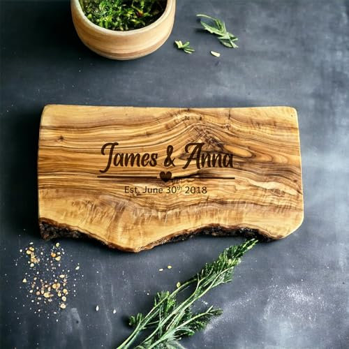 Personalised Couples Olive Wood Chopping Board Gift Rustic Engraved Cheese Board Present for Wedding New Home Engagement Anniversary Valentines (Rustic 25cm)