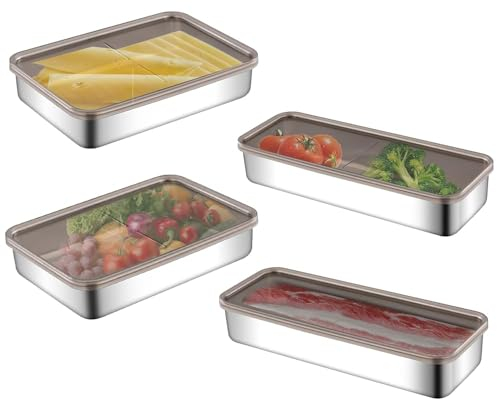 Tefola 4 Stück rechteckige Speckkäse-Aufbewahrungsbox für Kühlschrank, flache Box aus 304 Edelstahl mit Deckel, Deli-Behälter, Kühlschrank-Gefrierschrank-Organizer für kaltes Fleisch, Sandwich,