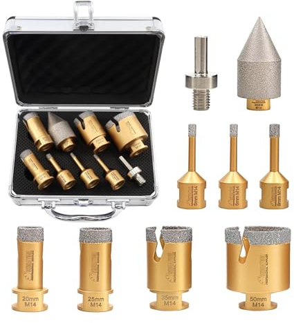 SHDIATOOL Forets Diamantés Kit - 9pcs(6/6/8/20/25/35/50mm Mèches diamantées/2-35mm Mèches à chanfrein/adaptateur de queue HEX) pour Carreaux de Porcelaine, Céramique, Granit et Marbre