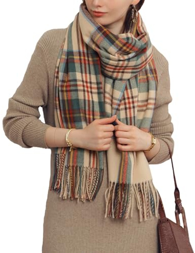 Rayson Damhalsduk, vinter, varm, mjuk, elegant, tjock, vändbar tartansjal med långa fransar, Beige färg, One size