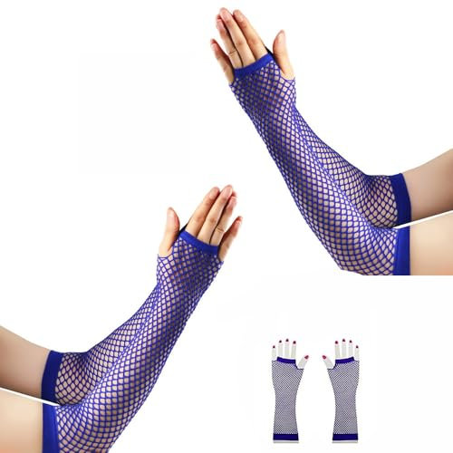 SMTCM Netzhandschuhe Lange 2 Paar Neon Fischnetz Fingerlose Handschuhe Elastische Punk Mesh Gloves Halbfinger Hohle Netz Armstulpen für 80er 90erJahre Kostümparty Halloween Cosplay Zubehör(Blau)