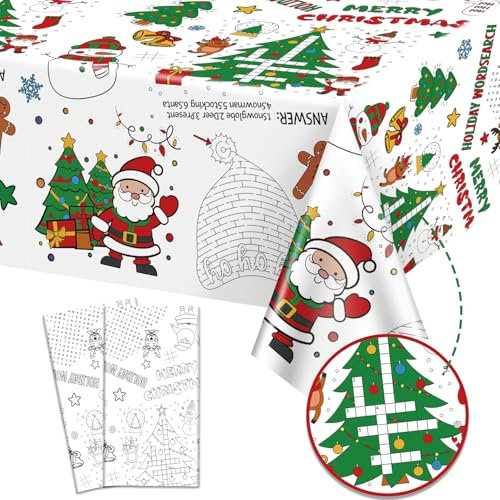 2Pcs Christmas Coloring Tablecloths, Rectangular Paper Xmas Table Covers, Giant Coloring Poster Santa Claus Snowman for Kids Winter Holiday New Year Merry Christmas Party Supplies, 137 x 274cm