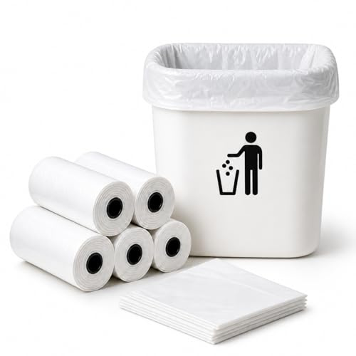 Müllbeutel, 5 l | Müllbeutel für Badezimmer | 200 Beutel mit 5 Liter (4 Rollen mit 50 Beuteln) | speziell für kleine & Mini-Mülleimer | leichter Hygieneabfall – Kosmetik | Verschluss mit Bindeband