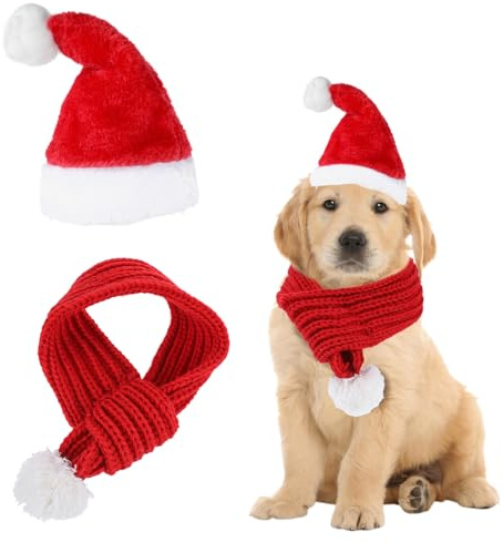 2 Stück Katzen Hunde Weihnachtskostüm Weihnachtsmütze Winter-Halswärmerschal für Hunde mit Schal,Katzenkostüm für Katzen Katzenkostüm für Kleine Hunde Katze-L