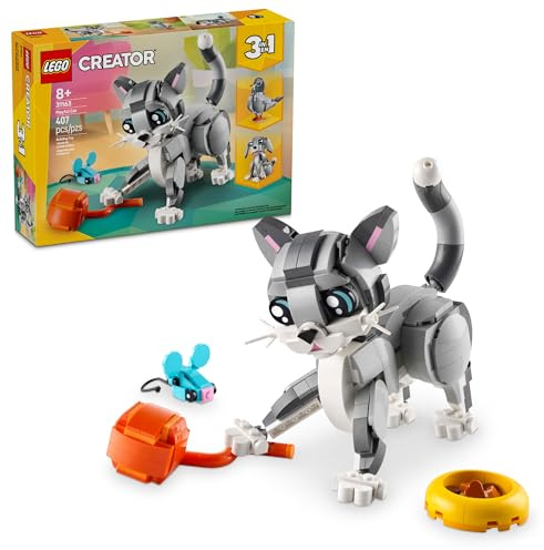 LEGO 31163 Creator Graue Katze – 3-in-1 Tier-Bauset mit beweglicher Katze, Hund & Taube, Spielzeug zum Bauen & Umbauen, Geschenkidee für Kinder ab 8 Jahren