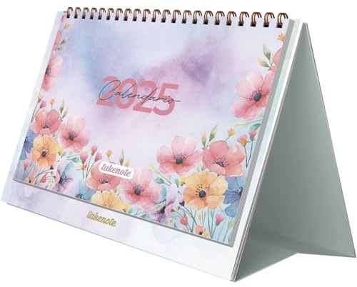 Kalender 2025 Bordskalender - Månadsöversikt Januari till December, Spanska och Engelska, Storlek 21,5 x 15,5 cm, Med Månatliga och Årliga Planer, Dubbelsidig Ringbindning - Takenote Amapola