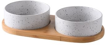 Ceramic Dog Bowl Weighted Dog Food Bowl with Wooden Pad Pet Feeding Bowl, Wet or Dry Food and Water Dish, Home Cat Dog Accessories(Double tray)