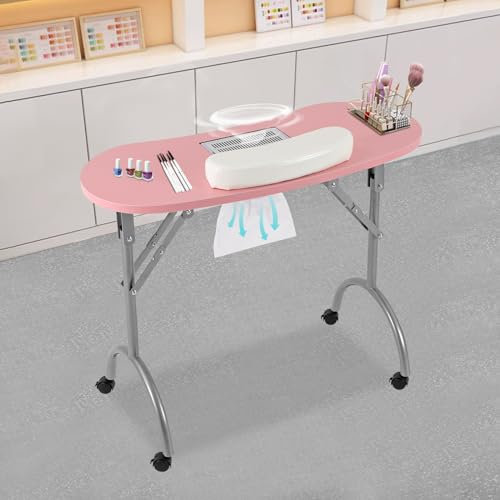 ARBGO Nageltisch mit Absaugung, Tragbarer Nageltisch, Maniküretisch mit 4 Universelle Räder unb Staubsaugerbeutel, Nagelstudio Tisch für Haushalte, Nagelstudios, Schönheitssalons, Büros, Rosa