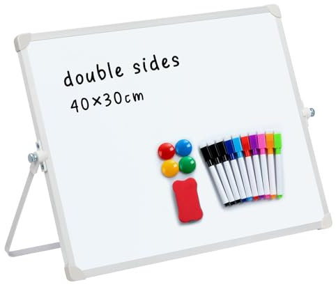 DOEWORKS Magnetisches Whiteboard 40 x 30cm, A3 Doppelseitig Trocken Abwischbares Whiteboard für den Schreibtisch, Magnettafel mit Ständer für Zuhause Schule Büro