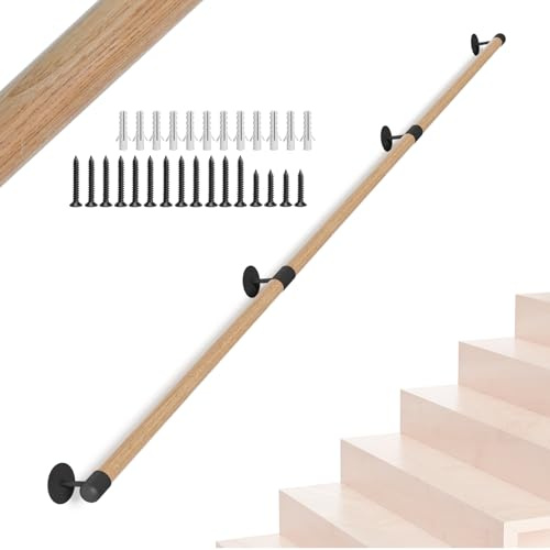 NArra 240CM/8FT Round Wooden Stair Handrail,Indoor Staircase Handrail | Wall Mount Support Stair Railings,Non-Slip Safety Corridor,Lofts,Patio,Guardrail Wood Hand Railings for Elderly,Children
