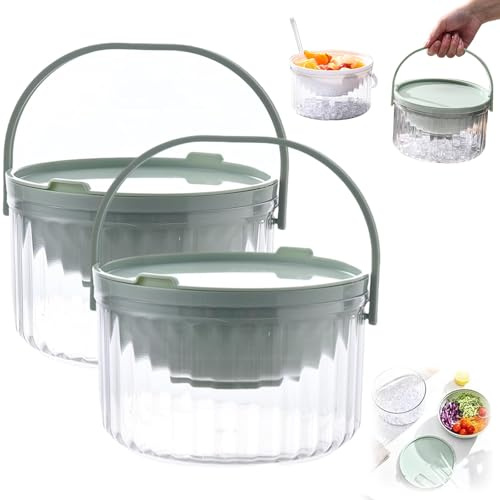 Cuenco grande para ensalada con enfriador de hielo, ensaladera con base y tapa, ensaladeras con hielo, bandeja para servir, bandeja de verduras y frutas para fiestas buffet (verde, 2)