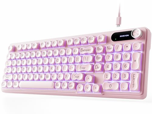 EWEADN V102 Wired Keyboard, 98 Keys Creamy Gaming Keyboard with Number Pad, Display Screen & Media Knob RGB Silent Wired Cute Computer Keyboard for Laptop PC Gamer - Pink