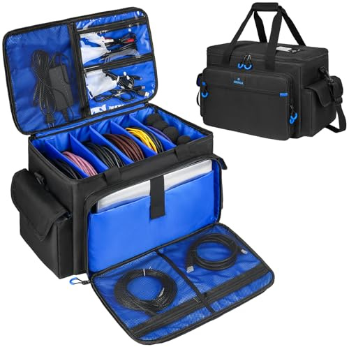MRINCA DJ Cable Bag with Laptop Compartment & Microphone Pocket, Blue | Detachable Dividers Cable Organizer for DJ Gear, DJ Equipment & Music Accessories, Padded Gig Bag for Travel & Live Sound