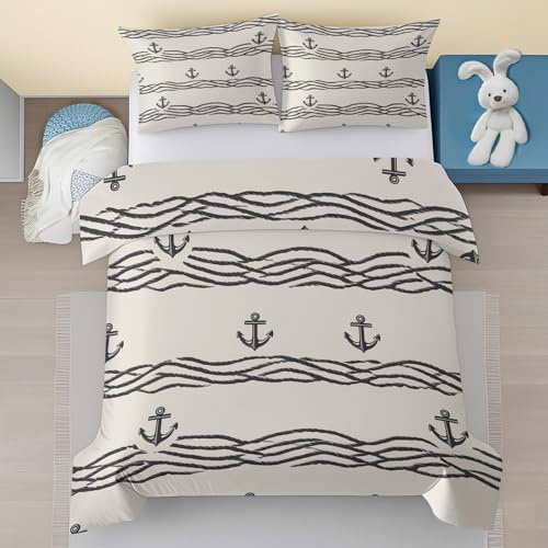 Generisch Nautische Baby Bettwäsche Set 100x135 - Wellen Muster Kinderbettwäsche 2 Teilig - Schwarz Weiß Mikrofaser Bettbezug, 1 Kissenbezug 40x60 mit Reißverschluss X9jT138